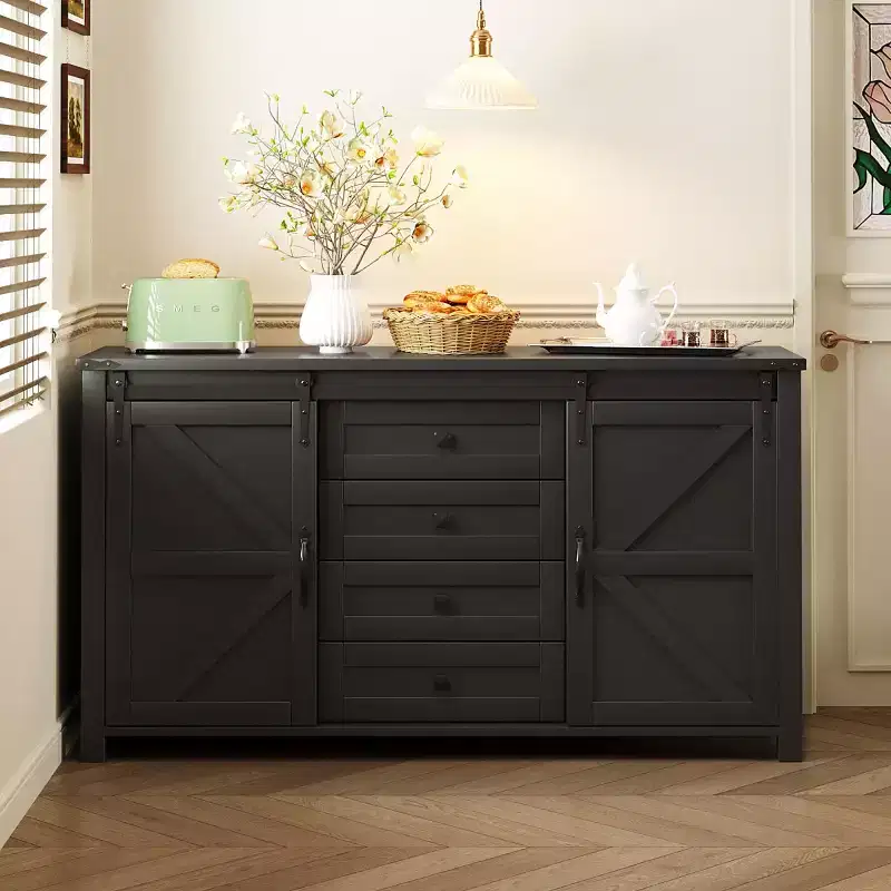 55 Farmhouse Sideboard Buffet Cabinet with Sliding Barn Doors, Storage Cabinet for Dining Room, Kitchen or Living Room-Panipeachy