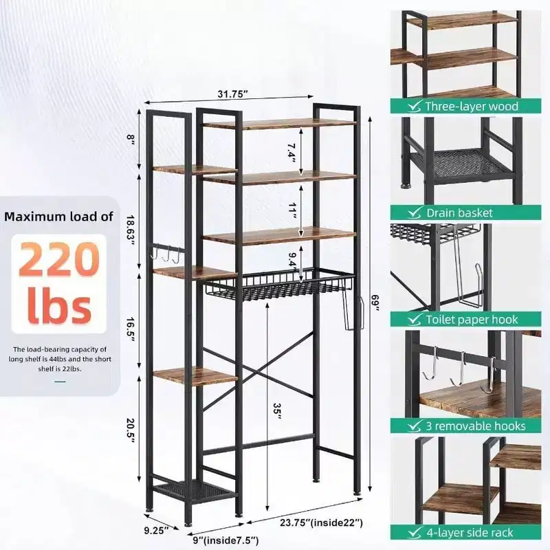 8 - Tier Over Toilet Storage with Side Rack, Adjustable Shelf Drain Basket, Freestanding Bathroom Organizer for Balcony
