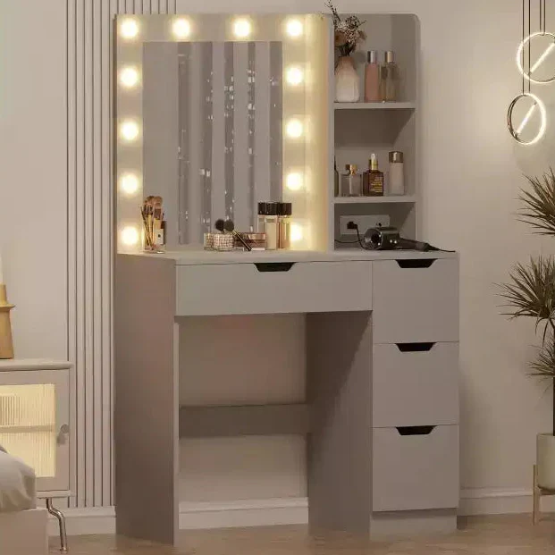 Vanity Desk with Mirror, LED Lights, Drawers, and Charging Station