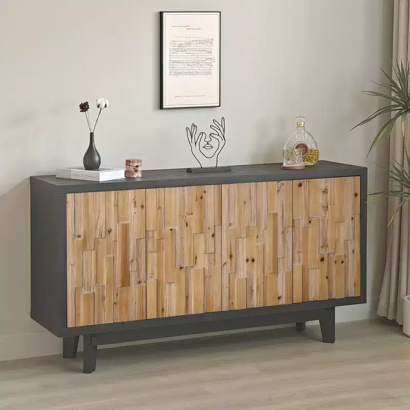 59'' Rustic Wooden Geometric Textured Storage Cabinet with 4 Doors and 2 Adjustable Shelves