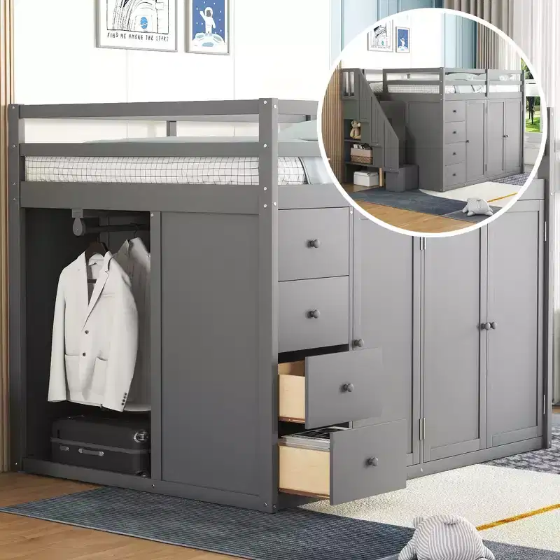 Whisen 93.3''L  57.6''W Modern Design Full Size Wood Loft Bed With Built-in Wardrobes, Cabinets and Drawers