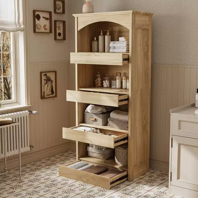 Wood Bathroom Storage Cabinet with Shelves and Drawer Organizer for Toiletries