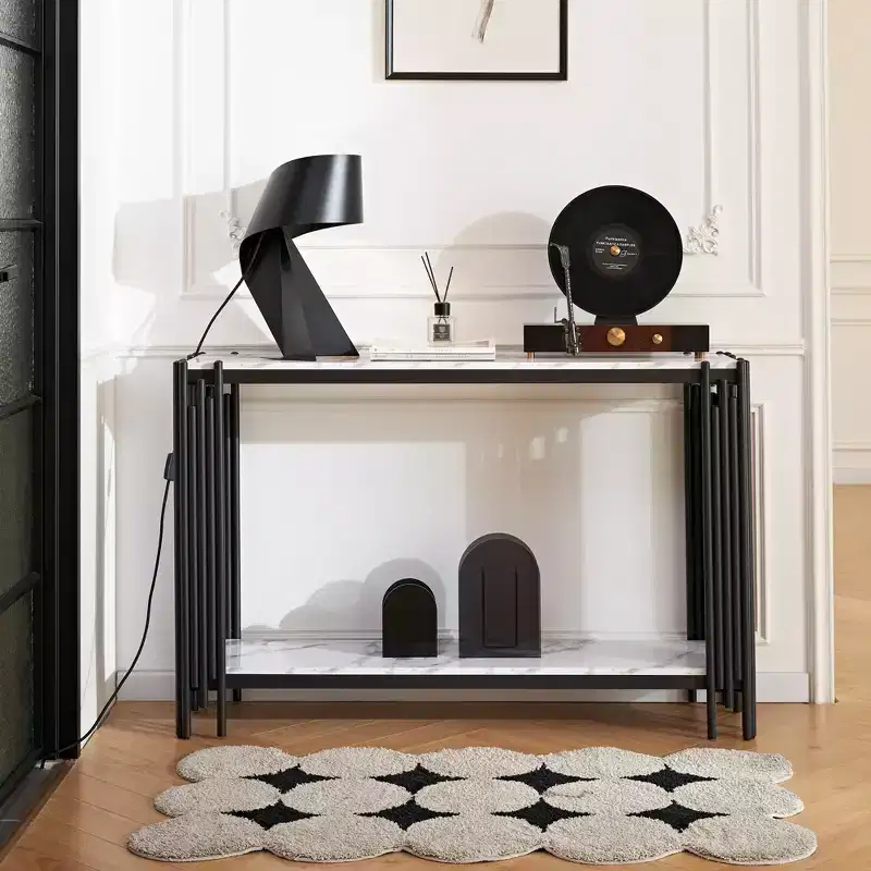 48-Inch Faux Marble Console Table with Adjustable Feet, Narrow Entryway Table, Black