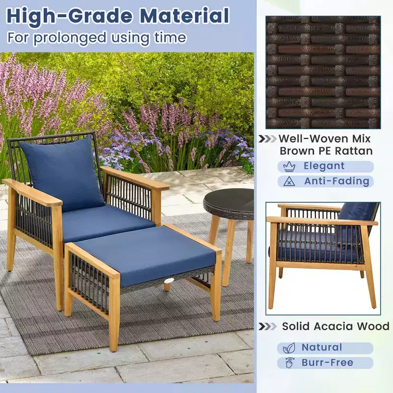 Costway 5 Pcs Patio Acacia Wood Wicker Woven Furniture Set with Coffee Table & 2 Ottomans Navy/Beige