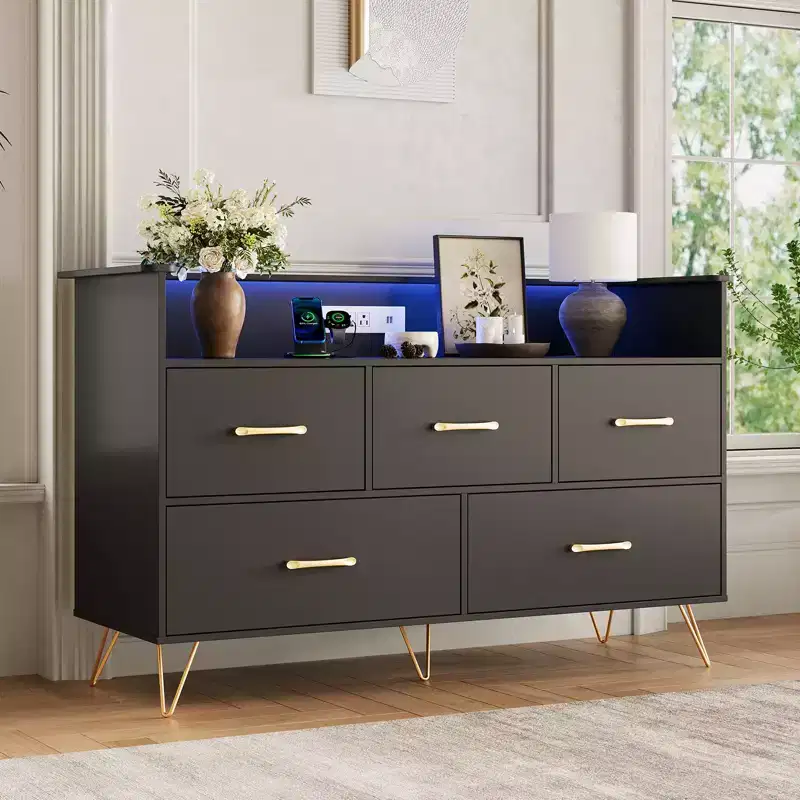 COZONY 5-Drawer Wood Dresser with Display Shelf, Modern Storage Cabinet for Bedroom Living Room Entryway