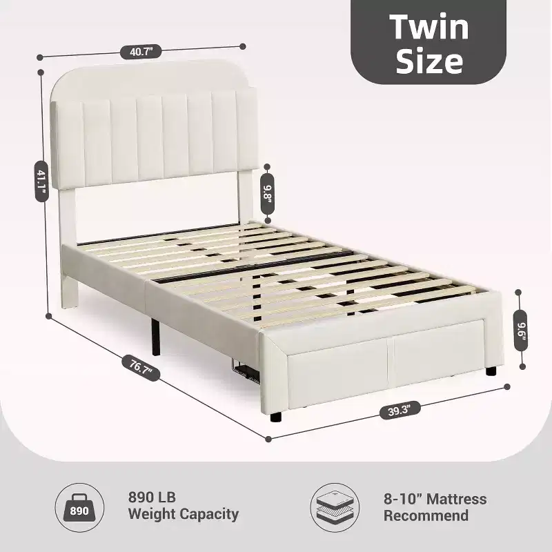 Twin Platform Bed Frame for Kids, Stylish Velvet Upholstered Headboard and Convenient Storage Drawer, Suitable for Organizing Toys and Essentials.