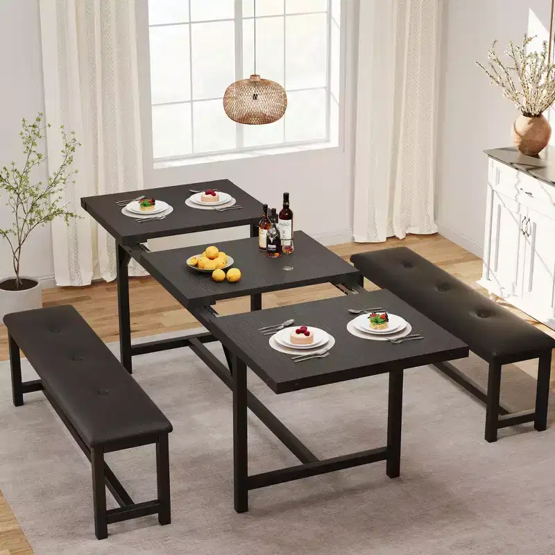 Dining Table Set for 4-6, Large Extendable Wooden Kitchen Table Set for 6, Rectangle Kitchen Table Set with 2 Upholstered Benches
