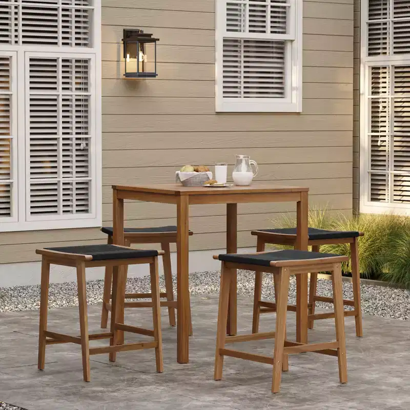 LuxenHome Outdoor Acacia Wood 4-Person Counter Height Table with 4 Stools Set Brown