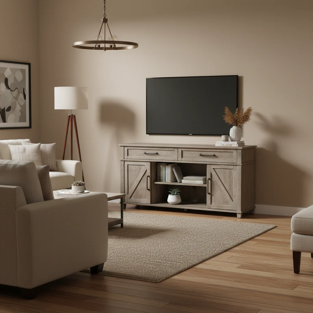 Weathered Taupe Wood Sofa Table with Drawers and Open Shelves