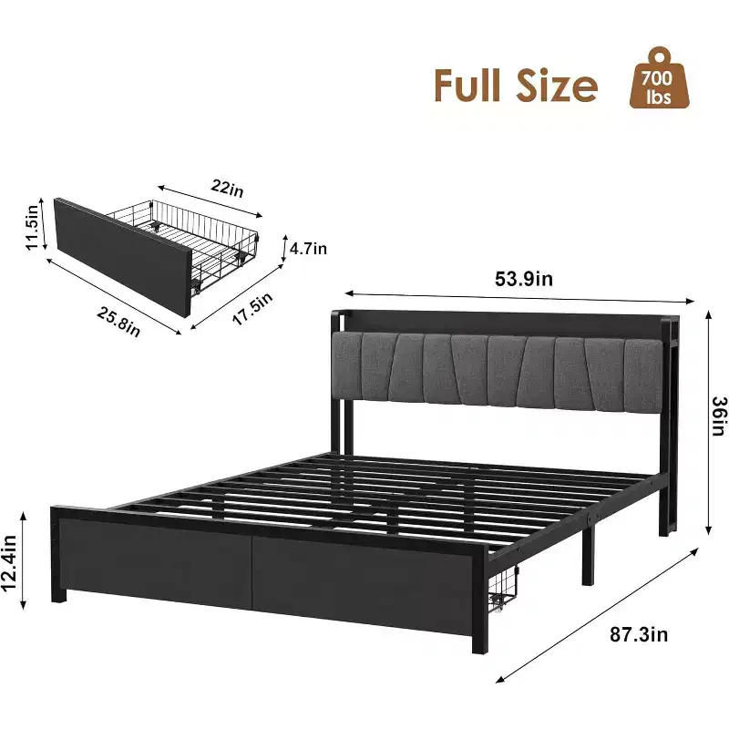 Full/Queen/King Size Platform Bed Frame with Storage Drawers, Charging Station & Upholstered Tall Headboard, Metal Slats, No Box Spring Needed, Black