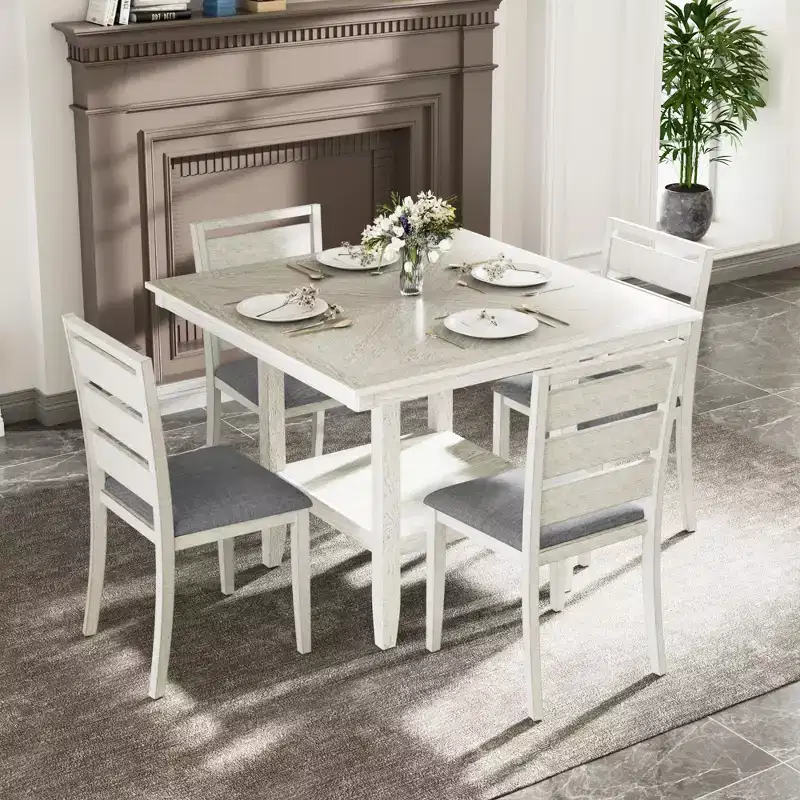 VECELO Rustic 5-Piece Dining Table Set, Rubber Wood Square Table with Shelf and 4 Armless Upholstered Dining Chairs for Kitchen, Gray