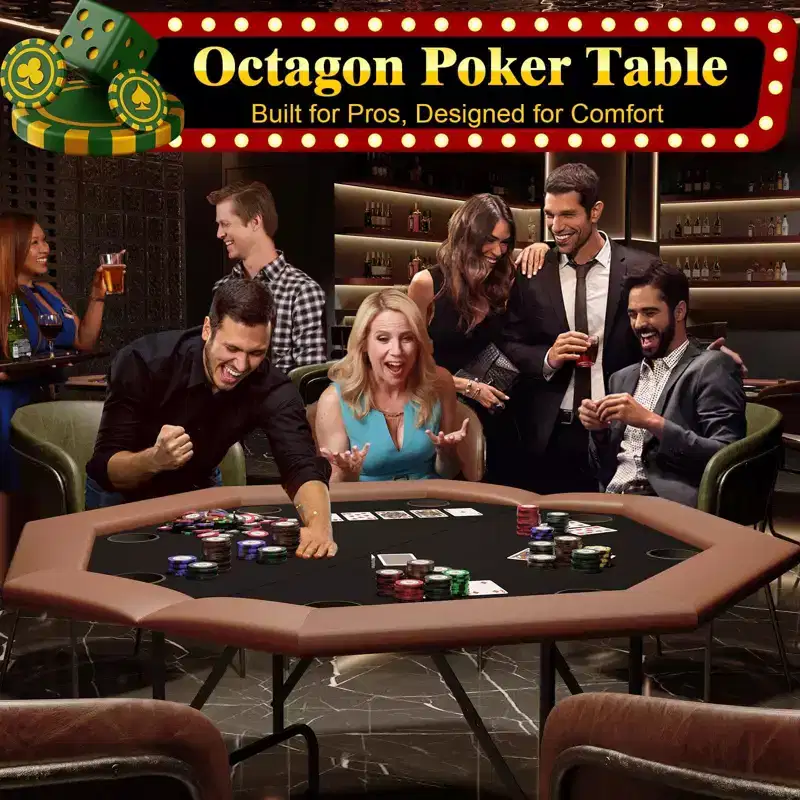 8-Player Octagon Poker Table, Foldable Brown Casino Table with Cup Holders for Texas Holdem & Blackjack