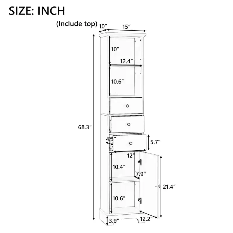Tall Bathroom Cabinet with 3 Drawers and Adjustable Shelves