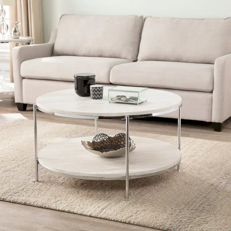 SEI Furniture Henderson Modern Faux Marble Round Coffee Table with Bottom Shelf