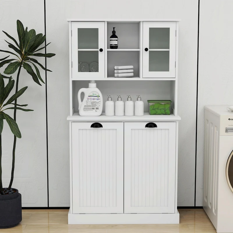 Two-Compartment Tilt-Out Dirty Laundry Basket Tall Bathroom Cabinet