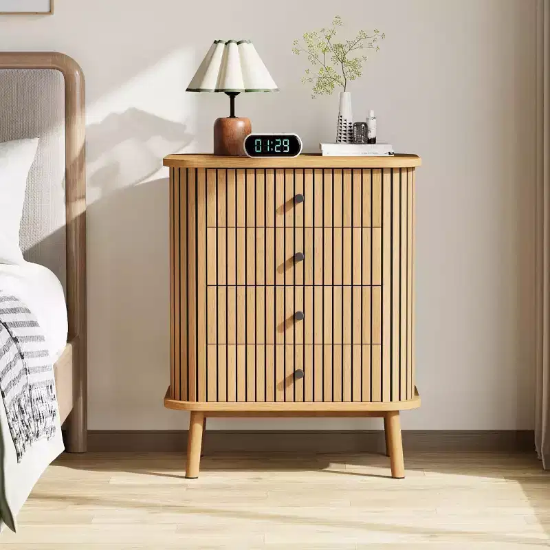 4 Drawer Dresser, Mid Century Modern Nightstand with Sliding Door Storage, Side Table, Chest of Drawers for Bedroom, Living Room, Hallway, Entryway