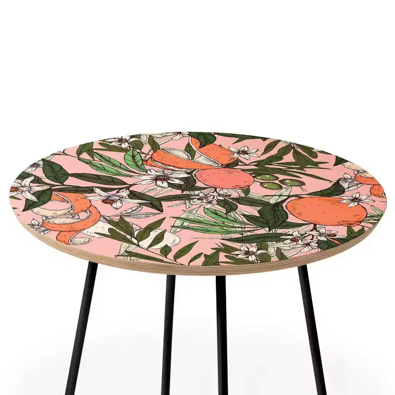 Round Marta Barragan Camarasa Olives In The Orange Flowers Side Table Pink/Black - Deny Designs: Stain-Resistant Steel Frame