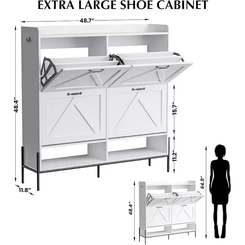 48.4 White Shoe Cabinet with 4 Flip Drawers, Large Capacity Entryway Storage with Metal Legs, Anti-Tip Modern Shoe Organizer