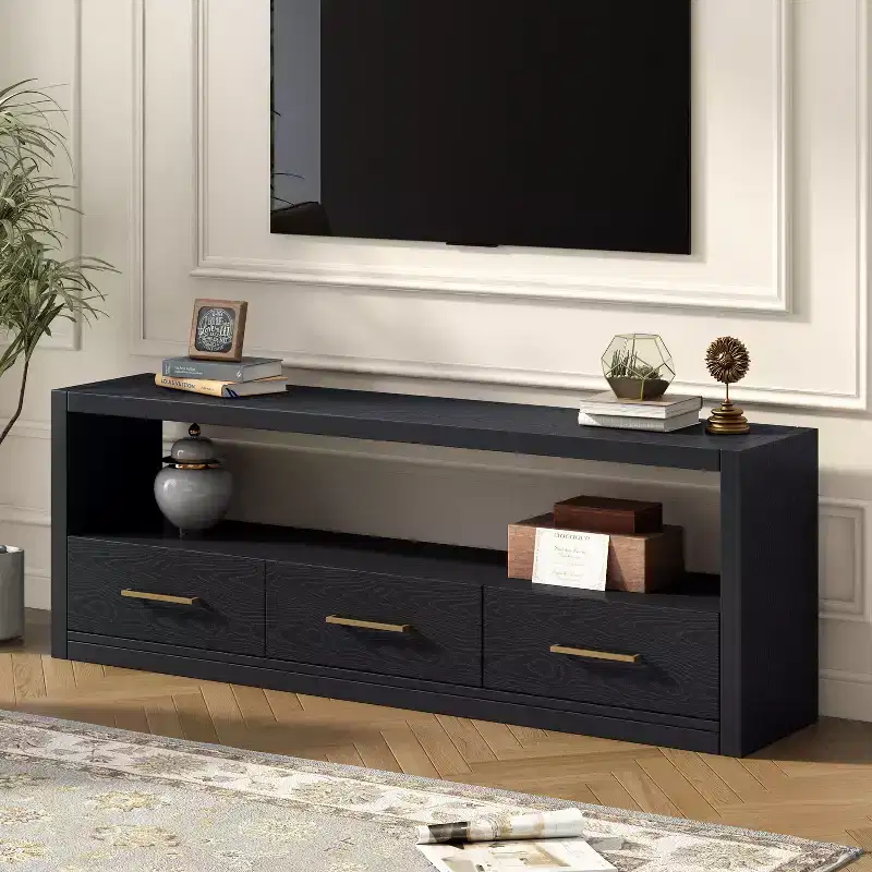 74W TV Stand TV Console Storage Cabinet Entertainment Center Sideboard with 3 Drawers and Open Shelf, Brown/Black/Gray- Christopher Knight Home