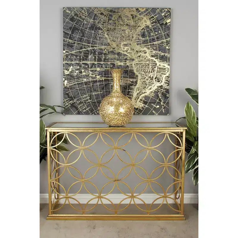 Olivia & May Rectangular Traditional Modern Metal Console Table Gold: Elegant Foyer, Entrance, Narrow Design