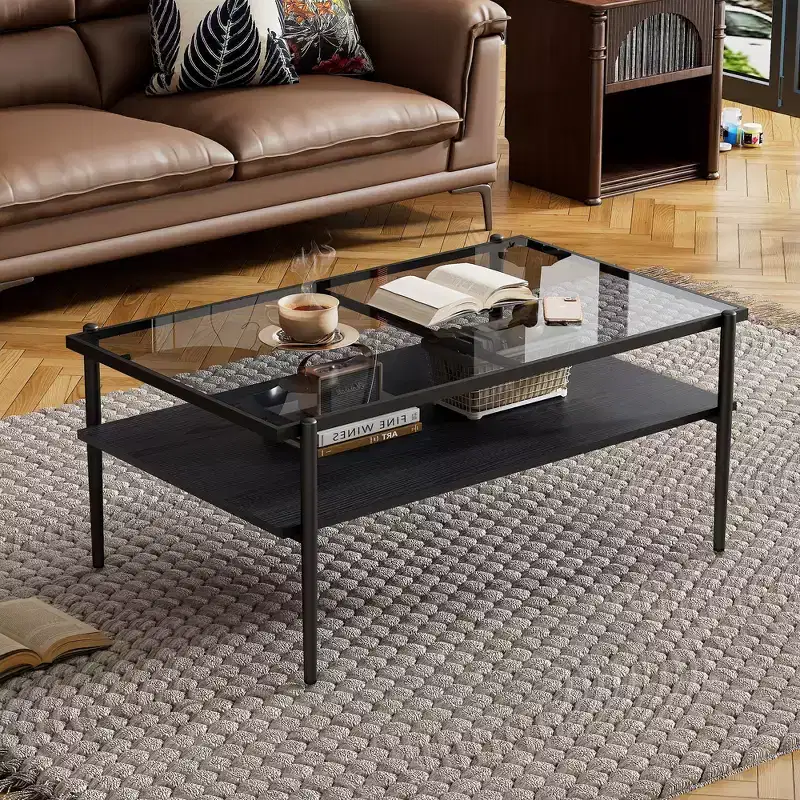 Okak Modern Rectangle Coffee Tables with Gray Tempered Glass Top and Black Legs for Living Room/Office, Space-Saving