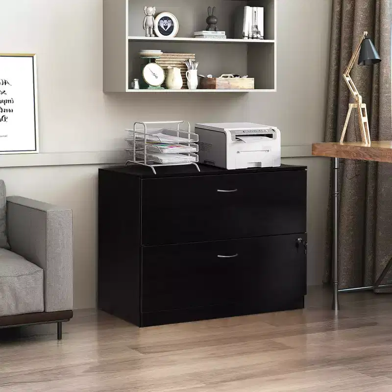 Basicwise 30 Wooden Lateral File Cabinet with Two Spacious Drawers, One Lockable - Suitable for Home Office, Offering Ample Space