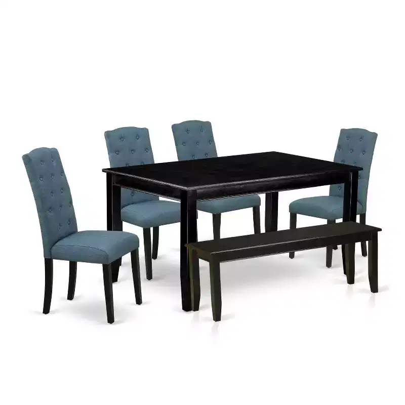 HomeStock 6-Piece Rectangle Black Finish Solid Wood Top Dining Table with 1 Bench, 4 Chairs