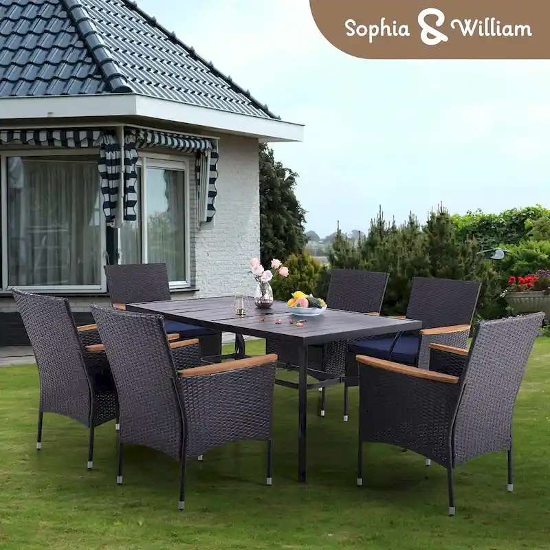 7 Pieces PE Rattan Patio Dining Sets, Modern Wicker Conversation Armhairs with Cushions and 2.6 Umbrella Hole
