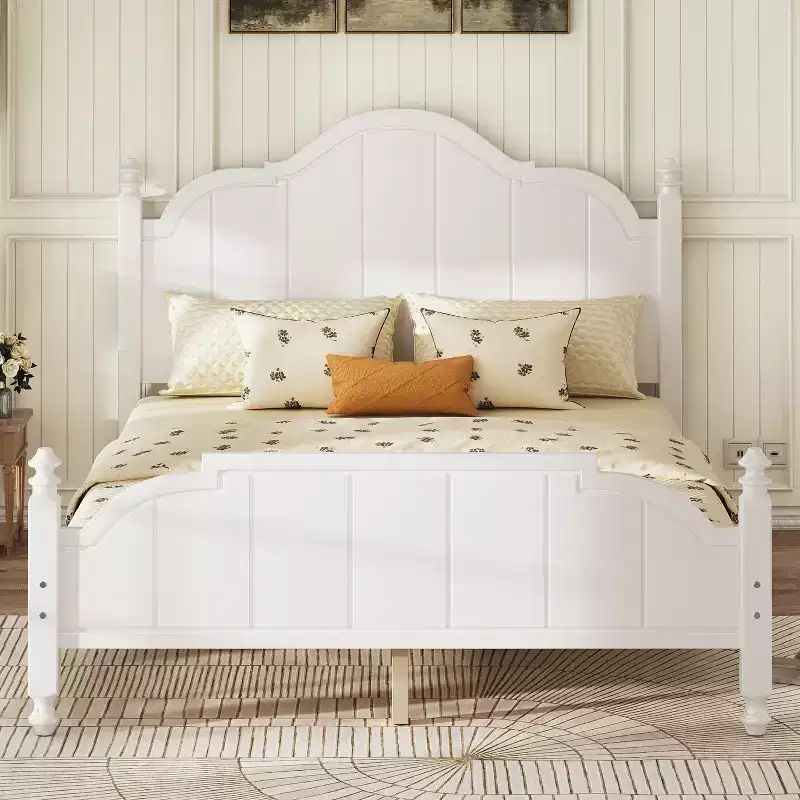 Queen Bed Frame with Headboard, Vintage Wood Platform Bed with Slat Support, White