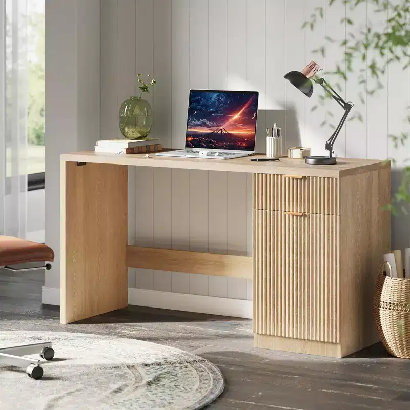 60 Executive Desk w/Storage, Modern Desk w/Drawer & Cabinet, Wood Fluted Computer Desks Workstation Writing Conference Table for Study, Natural Oak