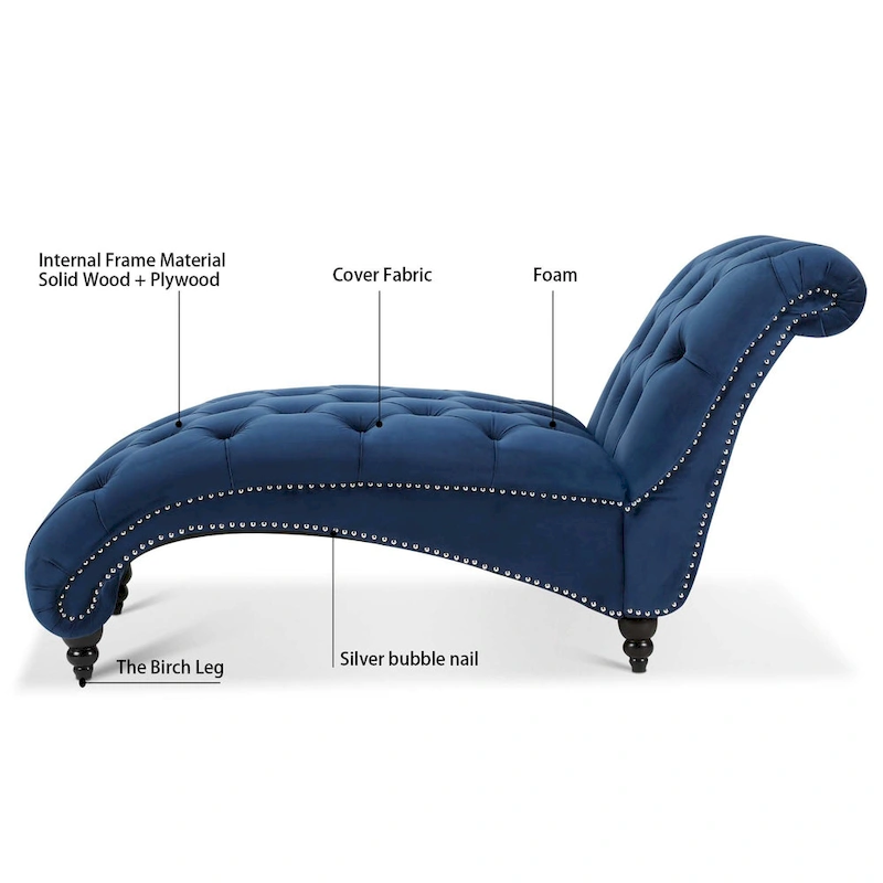 Blue 27.17 Buttons Tufted Chaise Lounge Chair with Nailheads