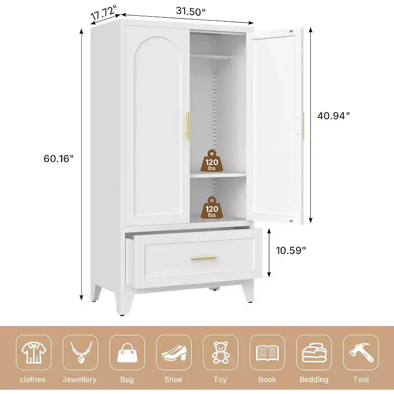 Zevemomo 60.16 Metal Armoire Wardrobe Closet with Drawer and Adjustable Shelf, Tall Storage Cabinets for Bedroom, Laundry Room, Office, White