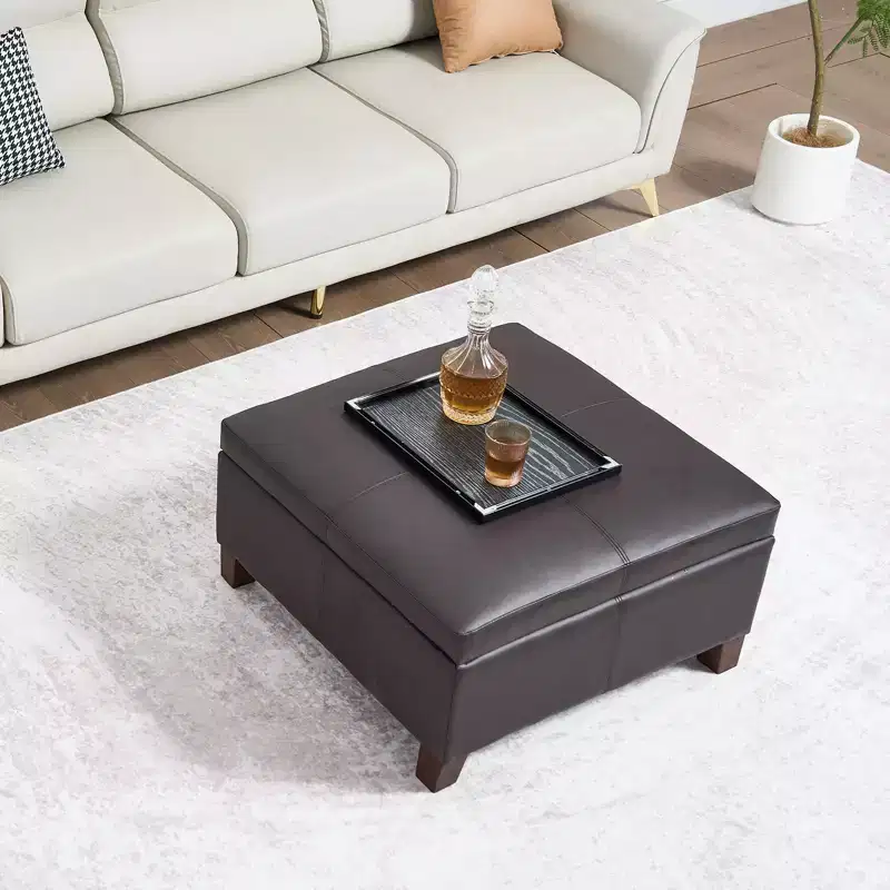 VEVOR 28 in Square Leather Ottoman with Storage, Upholstered Tufted Button Coffee Table Ottoman with Flip-Top Design, PU Leather, Dark Brown