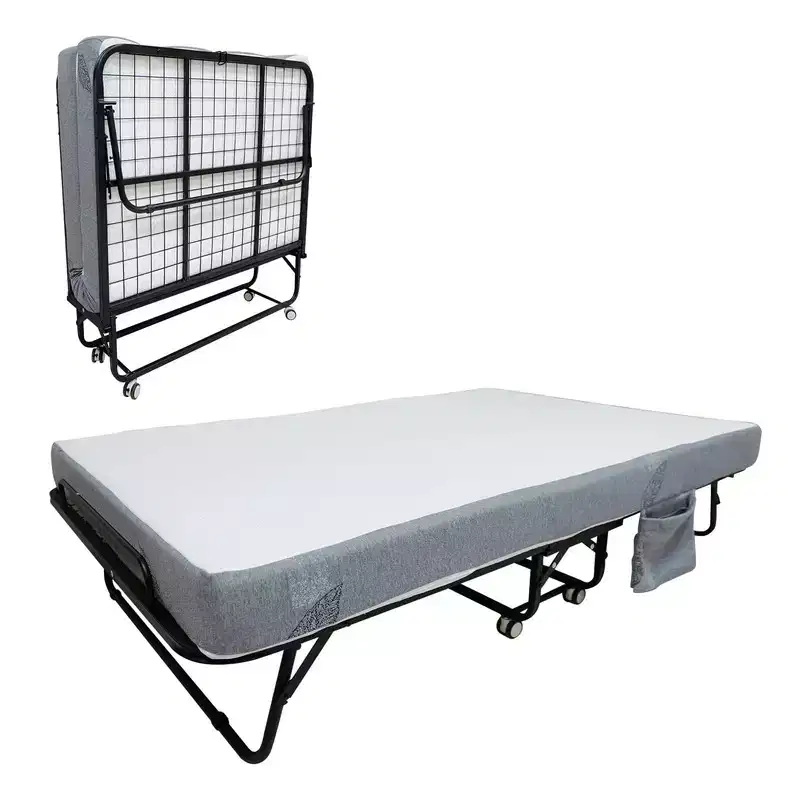 Folding Bed with Mattress, Portable Foldable Bed on Wheels with Side Storage Pocket