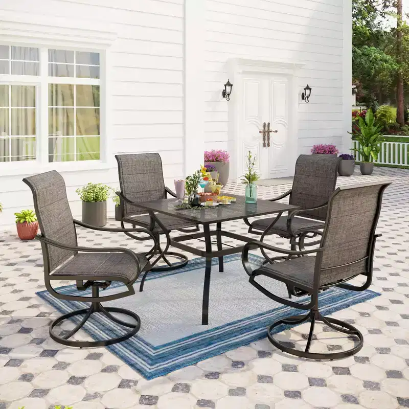 Captiva Designs 5pc Outdoor Patio Square Dining Steel Table & Swivel Sling Metal Chairs
