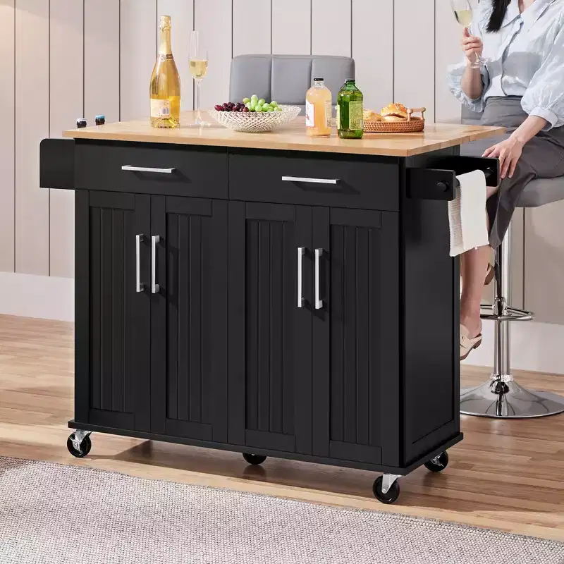 Portable kitchen Storage Cart with Cabinets and Detachable Towel Bar