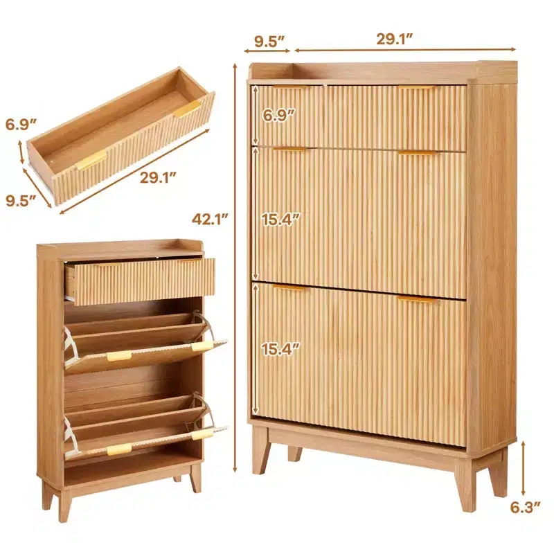 Narrow Fluted Wood Shoe Cabinet w/ 2 Flip Drawers & 1 Top Drawer, Slim Freestanding Hidden Shoe Storage Rack w/ Adjustable Shelf for Entryway