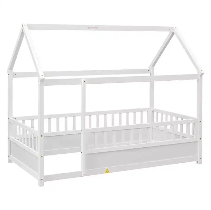 Pine Queen Size Canopy Platform Bed with Fence Rail - White Finish for Bedroom Decor