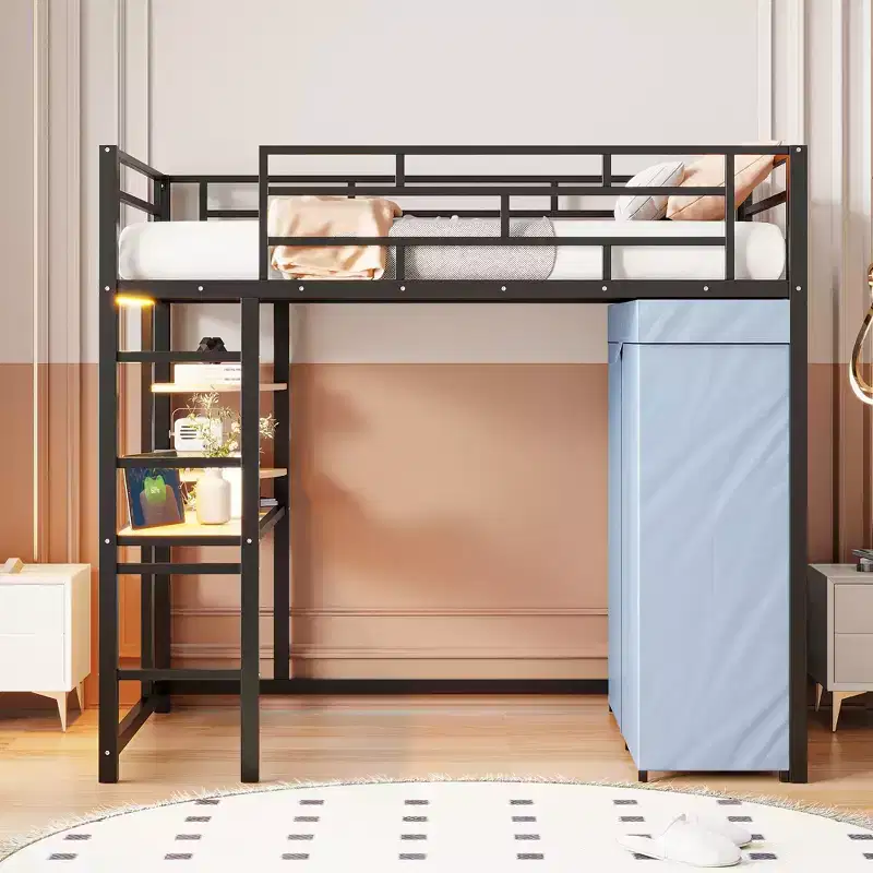 Twin/Full Size Metal Loft Bed with Desk, Shelves, Power Outlet, LED Light and Wardrobe, Black/White-