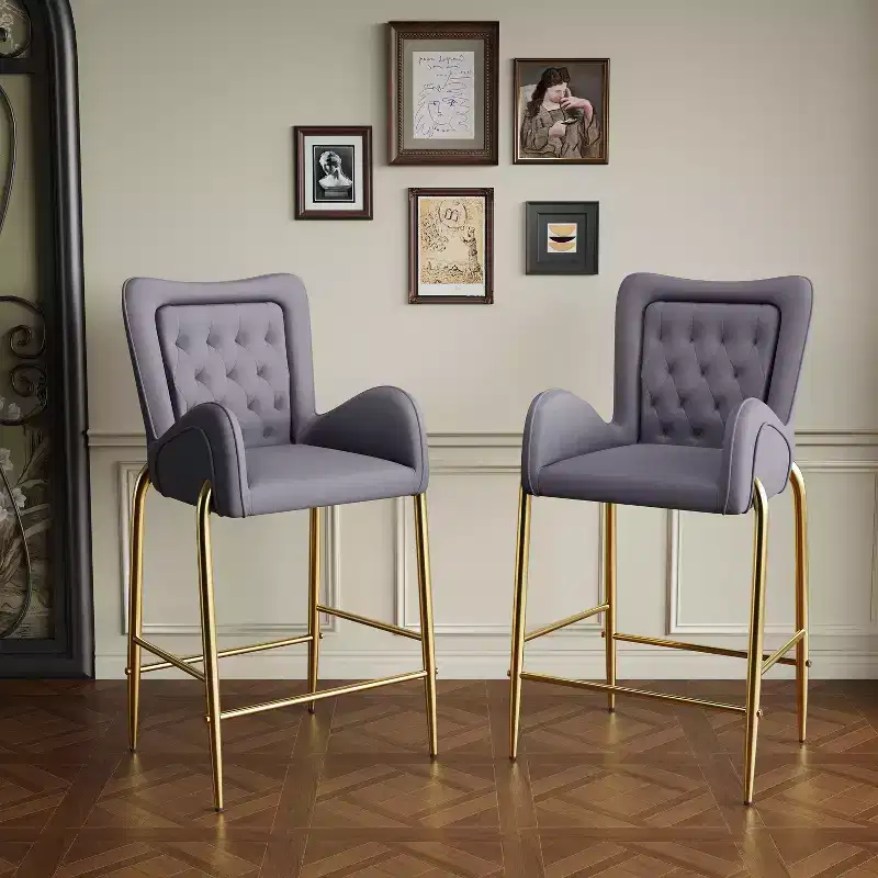 Set of 2 Counter Height Bar Stools with Golden Metal Frame, Velvet Tufted Stools -ModernLuxe