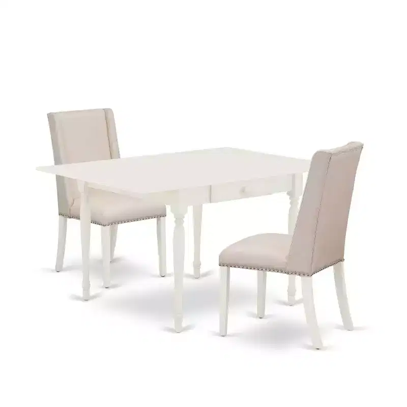 HomeStock 3-Piece Linen White Finish Rectangular Solid Wood Top with Dropleaf Dining Table Set