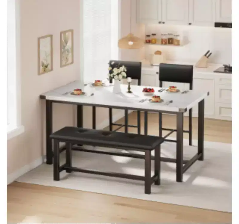 1 Set Industrial Dining Table Set with 1 Table + 1 Bench + 2 Chairs, Particleboard & MDF Board,