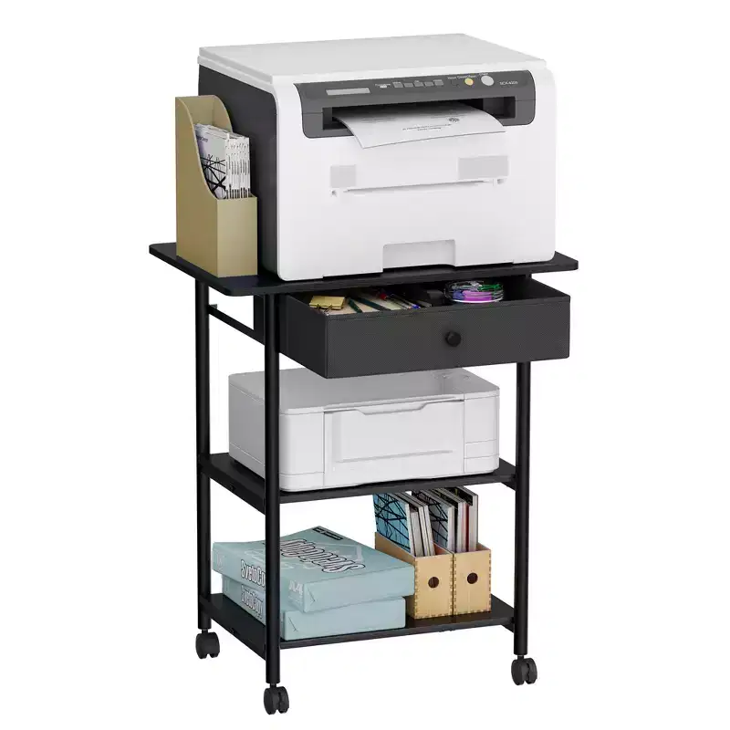 VASAGLE Printer Stand, Rolling Printer Cart, Mobile with Lockable Wheels, Steel Frame, 2 Storage Shelves Removable Drawer, 3-Tier, Ebony Black