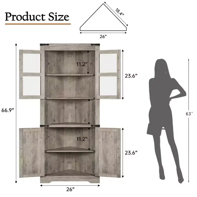 Farmhouse Corner Cabinet, Tall Corner Storage Cabinet with Glass Door & Adjustable Shelves, Bathroom Cabinet with Storage for Living Room,Bathroom