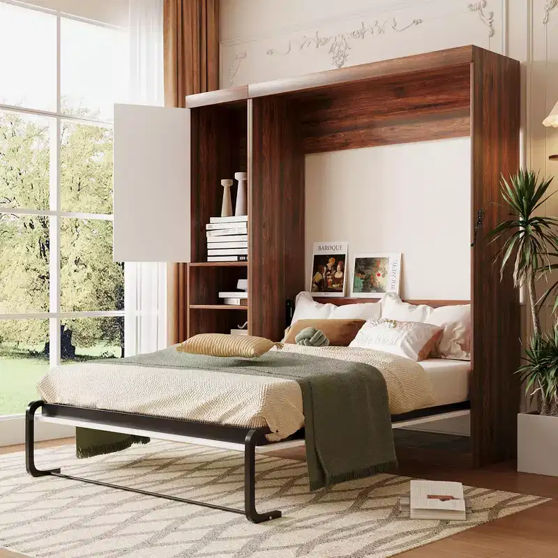Full/Twin Size Murphy Bed Wall Bed with Cabinet, White+Walnut-ModernLuxe