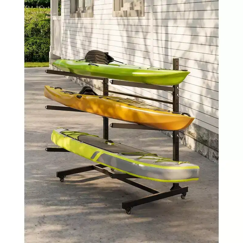 Black 4-Kayak Freestanding Storage Rack C Heavy Duty Kayak Stand with Movable Wheels for Canoe/SUP/Surfboard (Outdoor Storage, 1-Pack)