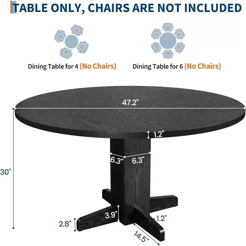 47-Inch Black Round Dining Table for 4-6 C Farmhouse Style C Sturdy Pedestal Base C Ideal for Living Room, Apartment, Dining Room