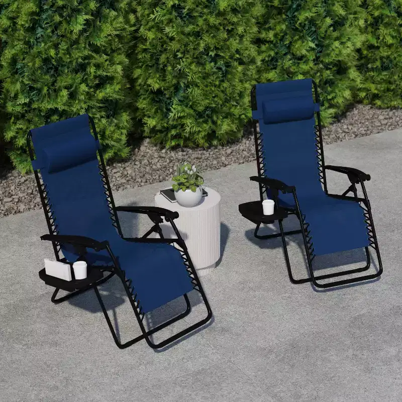 Flash Furniture Adjustable Folding Mesh Zero Gravity Reclining Lounge Chair with Pillow and Cup Holder Tray, Set of 2
