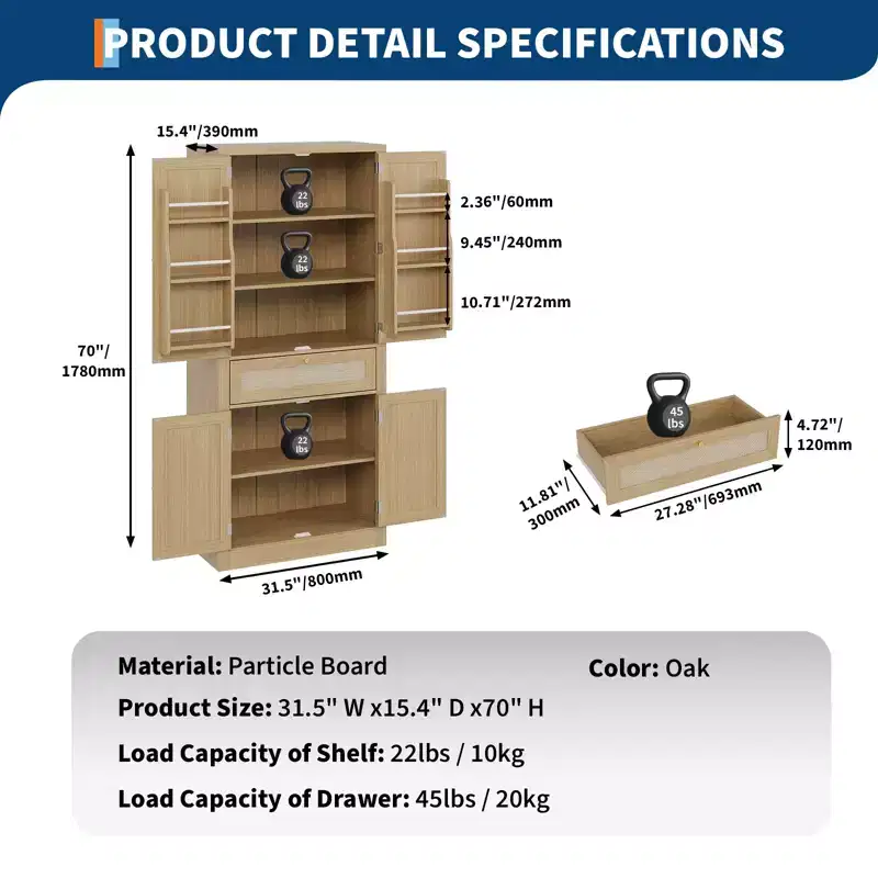 Wicker Food Storage Cabinet with one drawer, two cabinets, and four adjustable shelves. Ideal for living rooms, kitchens, and laundry rooms.