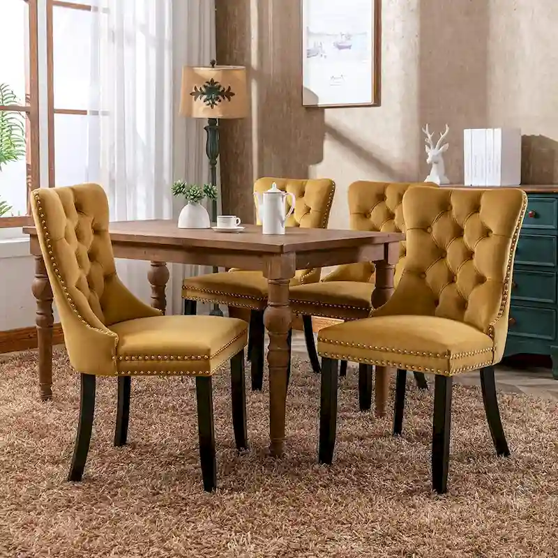 Beige/Blue/Grey/Black/Yellow Velvet Dining Chairs, Upholstered Side Chair with Padded Seat & Wood Legs, Set of 6